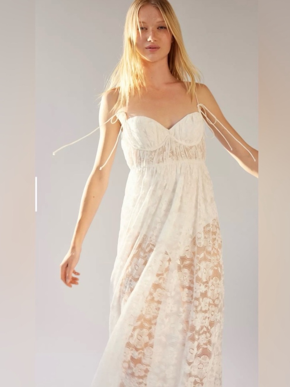 For Love & Lemons White Lace Maxi Slip Dress with Sheer Floral Skirt - Picture 8 of 14